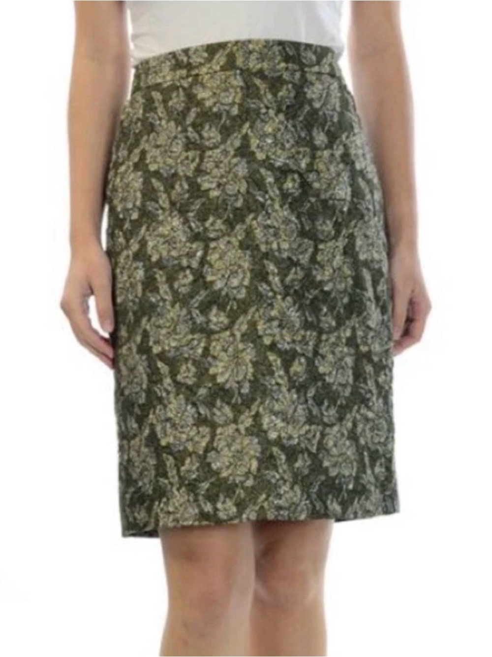J. Crew Collection Metallic Olive/Gray Silk Brocade Pencil Skirt